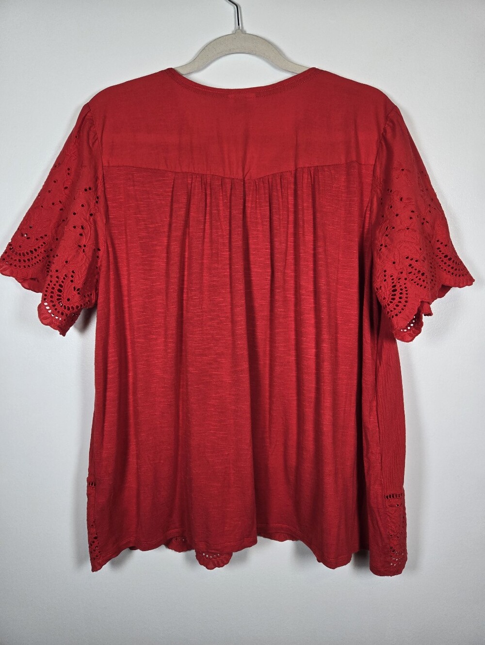 Knox Rose Red V-Neck Eyelet Mixed Media Boho Prairie Peasant Top Size XL - Picture 8 of 11